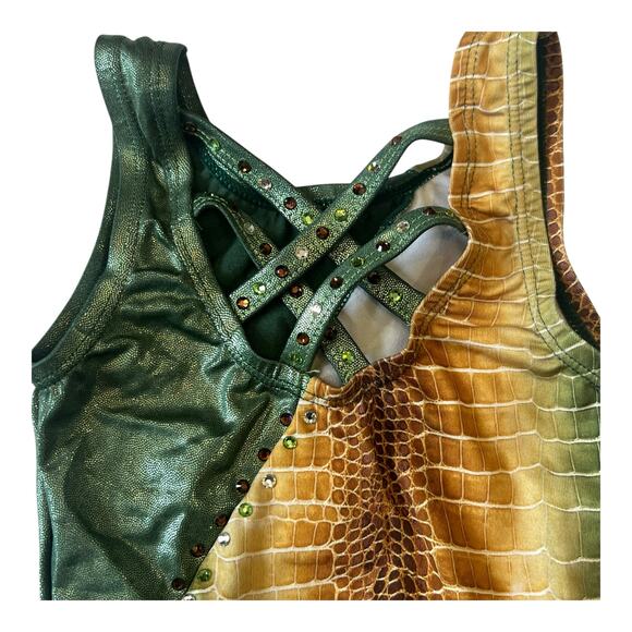 Gymnastics Dance Leotard Snake Skin Print Rhinestones Criss Cross Back Detail - Picture 4 of 6